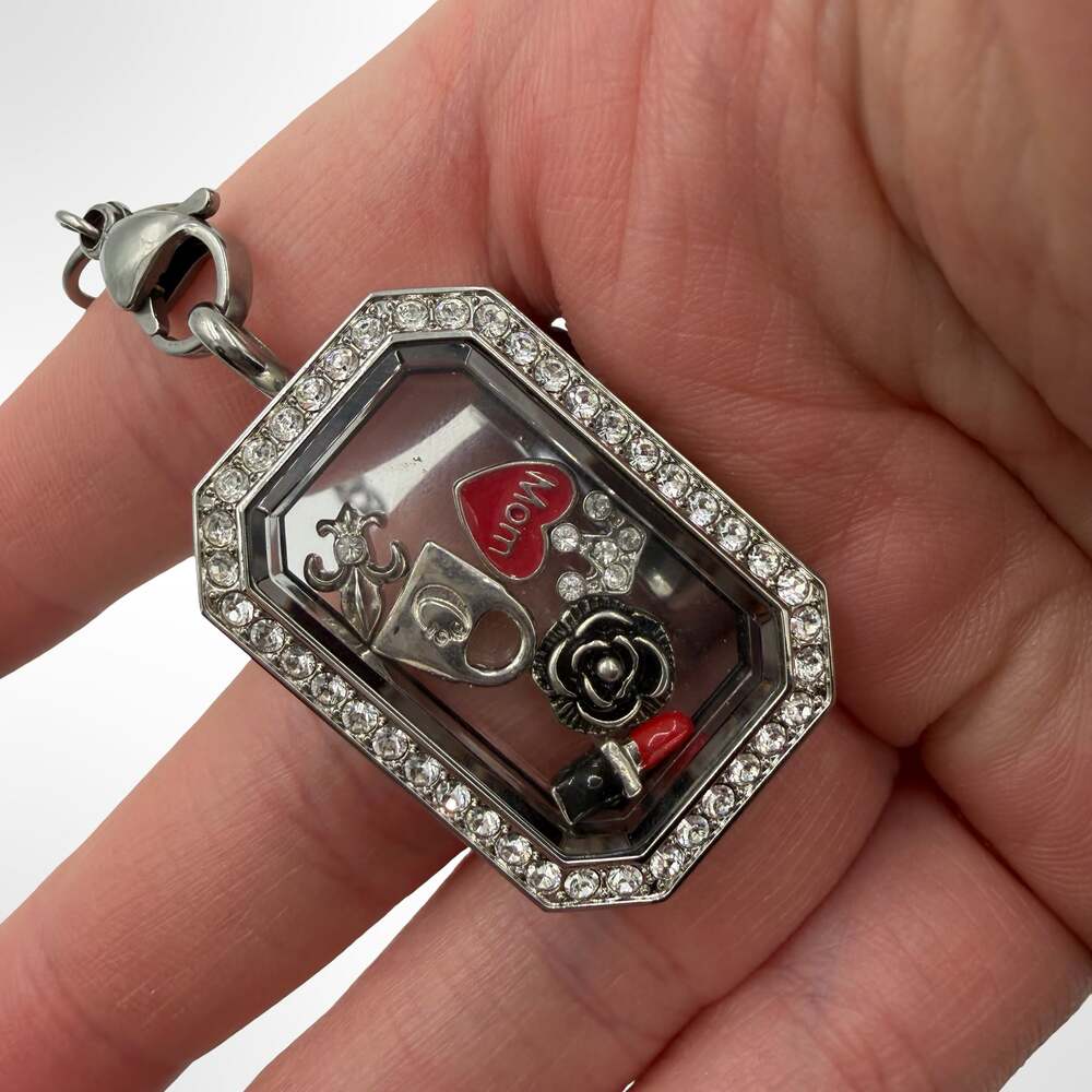 Origami Owl Rectangular Crystal‎ Floating Locket Necklace with Charms